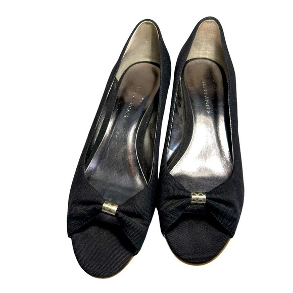 Etienne Aigner Black Canvas Wedge Heel open toe Pumps 8 - Picture 1 of 16